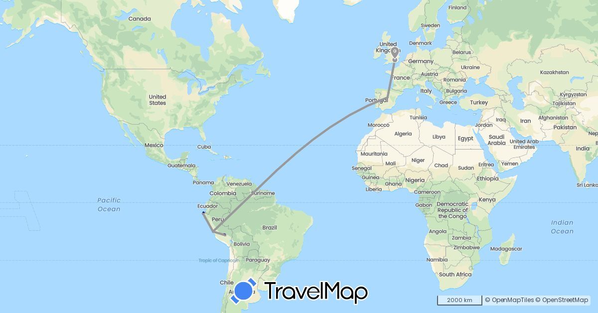 TravelMap itinerary: driving, plane, train in Spain, United Kingdom, Peru (Europe, South America)
